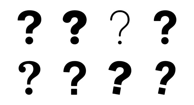 Question mark icon set, black interrogation symbols, 8 vector elements for FAQ design