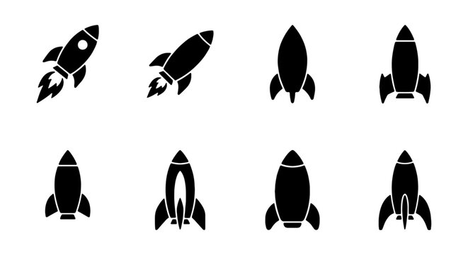 Rocket ship icons set, 8 black spaceship silhouettes, startup launch vector graphics