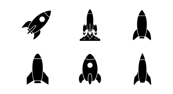 Rocket ship icon set, black space shuttle silhouettes, 6 startup launch vector symbols