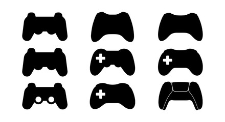Gamepad controller silhouette set, 9 gaming icons, black video game joystick vector © Mobarak