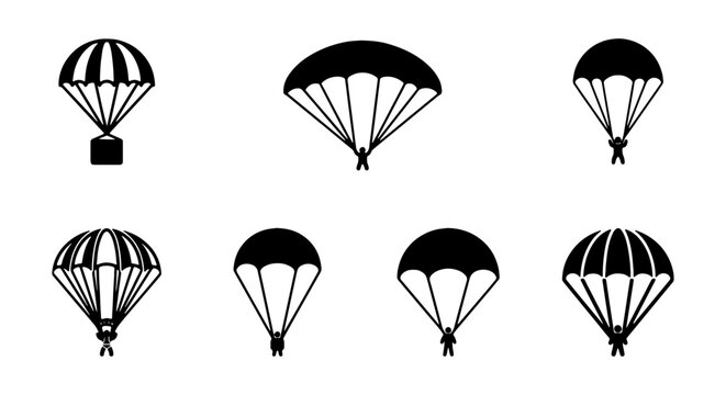 Parachute silhouette icons, skydiving vector set, 7 black paragliding symbols for logos