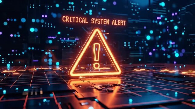 Critical system alert warning with glowing triangular caution symbol, exclamation mark, and futuristic digital grid background &ndash; cybersecurity breach and computer error concept video