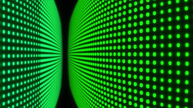 Abstract green dot matrix tunnel background animation with rows of glowing lights moving walls with pattern creating a cyber digital wormhole effect slow motion