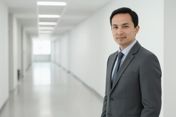 Fototapeta premium Man in gray suit standing in bright office corridor with confident expression