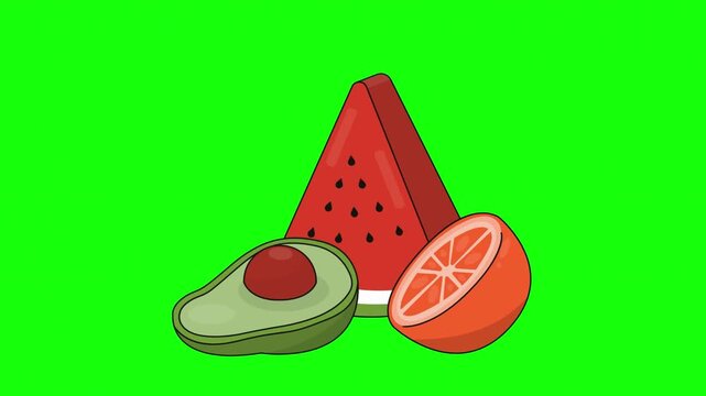 Cartoon Watermelon Avocado and Orange on Green Screen