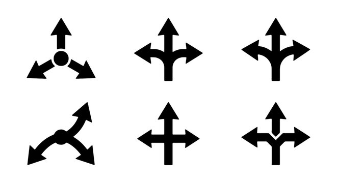 Directional arrow icons set, black multi-way navigation symbols, 6 vector elements for decision making and path selection, crossroads and split road signs