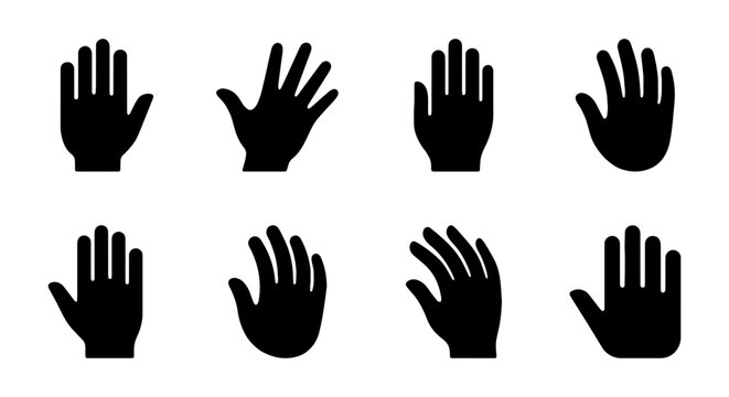 Black hand silhouette icons set, collection of 8 human palm vector symbols, minimalist hand gestures for UI design and web navigation