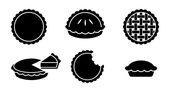 Minimalist pie icon set, black silhouette bakery dessert symbols, collection of 6 vector pastry illustrations for cafe menus and food branding