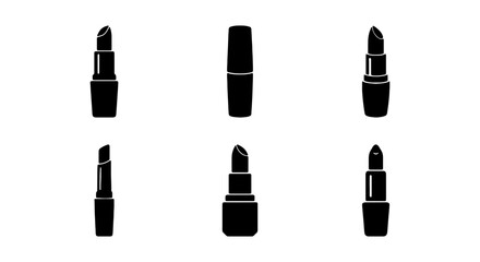 Obraz premium Minimalist lipstick icon set, black silhouette beauty product collection, 6 vector cosmetic makeup symbols for salon branding and web design