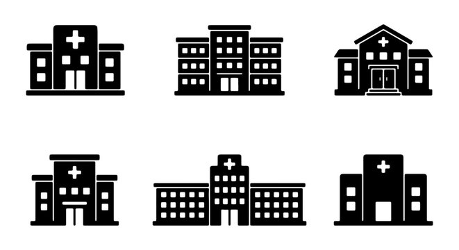 Hospital building icon set, black medical clinic vector silhouettes, collection of 6 healthcare facility symbols for maps and infographics