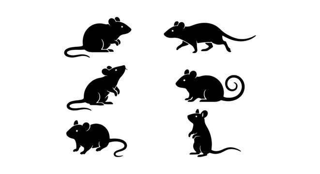 Black mouse silhouette collection, set of 6 rat vector icons in various poses, minimalist rodent silhouettes for nature and pest control design