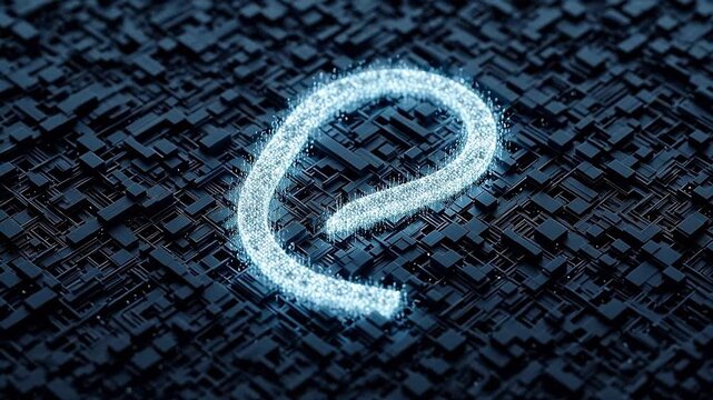 Abstract glowing symbol on digital blocks symbolizing growth and future success