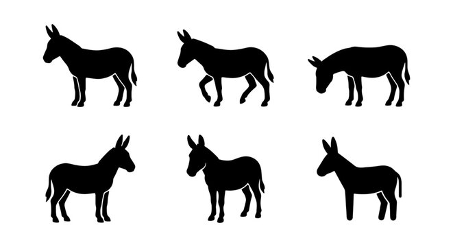 Donkey silhouette vector set, 6 farm animal icons, black mule and burro silhouettes