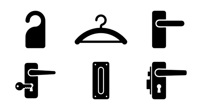 Black door handle icon set, hotel room door hanger, metal lock and key vector elements