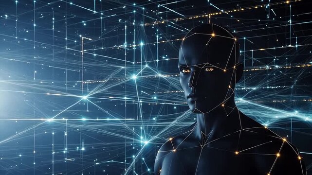 AI humanoid figure in digital network symbolizing creativity, art, and imagination