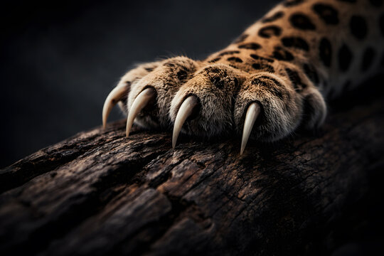 close-up of leopard claws gripping a mossy tree branch in the wild, sharp predator paws with retracted talons on wood, atmospheric wildlife photography of big cat in dark forest.