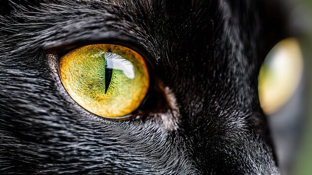 Extreme close up captures the intense yellow-green eye of a dark domestic feline.