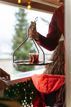 Turkish tea served on traditional metal tray