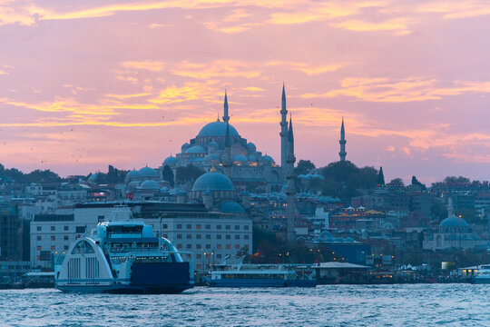 Ferry and Mosque in Istanbul at Sunset