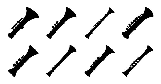 Silhouette Collection of Clarinets and Musical Instruments on a White Background