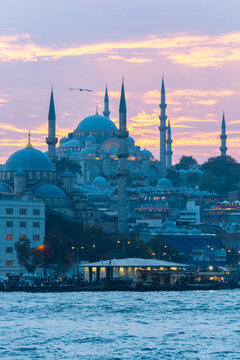 Blue Mosque and cityscape at sunset