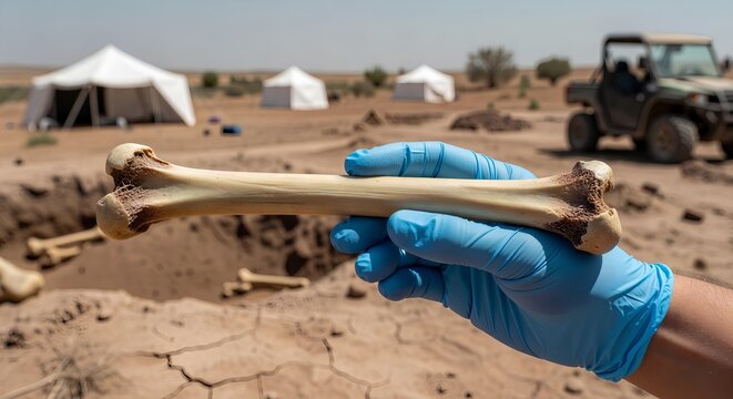 Archaeologist's gloved hand holding a human bone uncovered from soil at an excavation trench, representing ancient remains, burial context, and osteoarchaeology