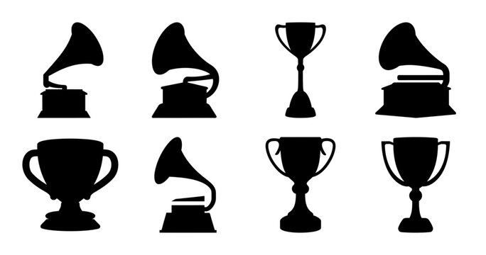 Silhouettes of Vintage Gramophones and Trophies Representing Musical Excellence and Awards