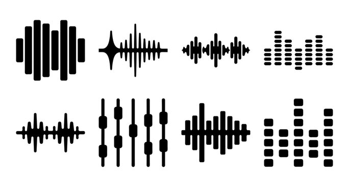 Collection of Black and White Sound Wave Icons for Audio Visualization