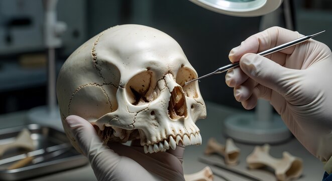 Hand holding a human skull model while using a dental pick to gently clean a tooth or suture line, representing osteology and specimen preservation