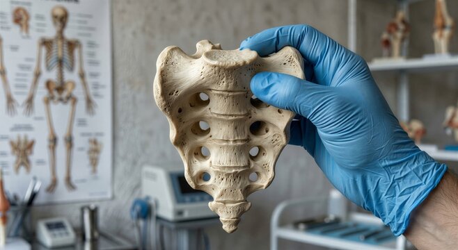 Close-up of a hand holding a human sacrum bone with detailed view of the fused vertebral segments and sacral foramina, representing pelvic anatomy