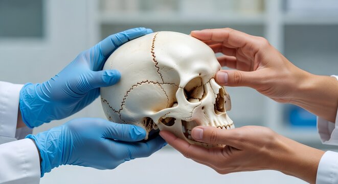Two pairs of hands gently holding a human skull specimen, representing teamwork in anatomy education and clinical training