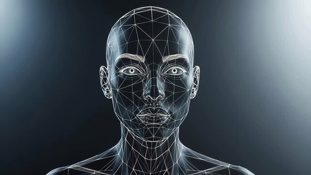 Humanoid face with geometric wireframe emphasizing industrial strength and manufacturing