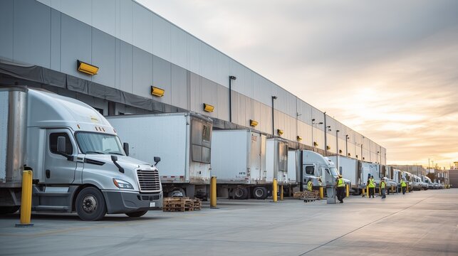 The loading area of the distribution center with trucks parked at the docks. Employees perform operations for receiving and shipping goods.