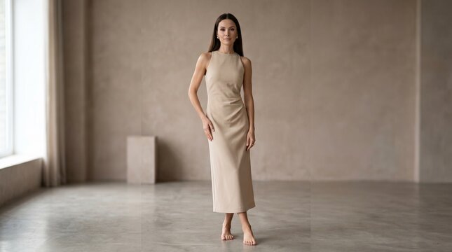 Woman in Minimal Beige Dress, Clean Fashion Editorial Portrait