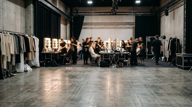 Fashion Show Backstage Scene, Models and Team Preparing