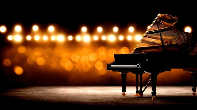 piano. Grand piano on stage under spotlight, elegant black finish reflecting lights, creating a musical ambiance. event programs.
