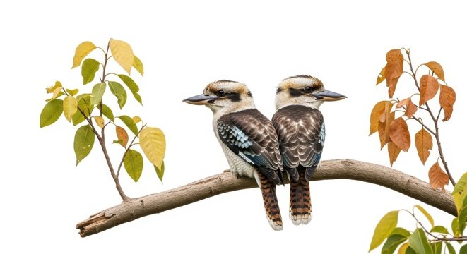 Two Kookaburras Perched on a Branch with Autumn Leaves