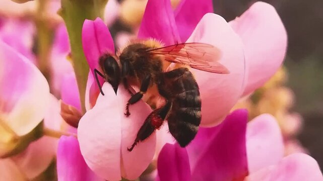 Looping 3D animation with camera sweeping in arc over a pixelated voxel bee on pink flowers, revealing abstract textured landscape. Vivid pink magenta tones for World Bee Day concept.