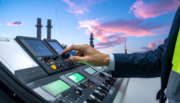 Industrial control panel with hand and factory in background