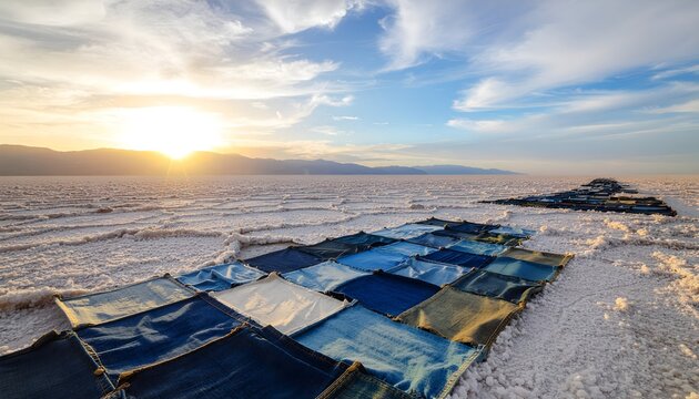 Denim and fabric patchwork path leading across a vast salt desert landscape under a brilliant mountain sunset.