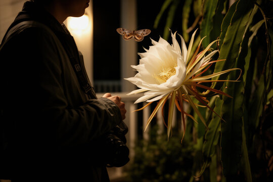 Night-blooming cereus flower open at night near person observing under porch light