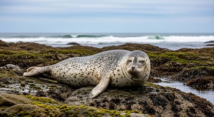 Fototapeta premium A seal resting on rocky shoreline with ocean waves in the background.