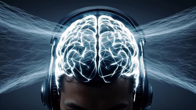 Human brain with headphones and light waves symbolizing creativity, art, and imagination