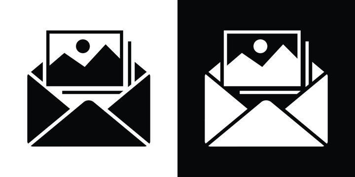 Digital photo attachment and image sharing icon. Open envelope with a landscape photograph inside. Minimalist black and white vector for multimedia messaging and gallery sharing.
