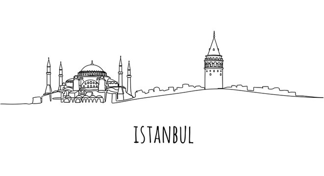 Istanbul Skyline One Line Drawing with Hagia Sophia and Galata Tower
