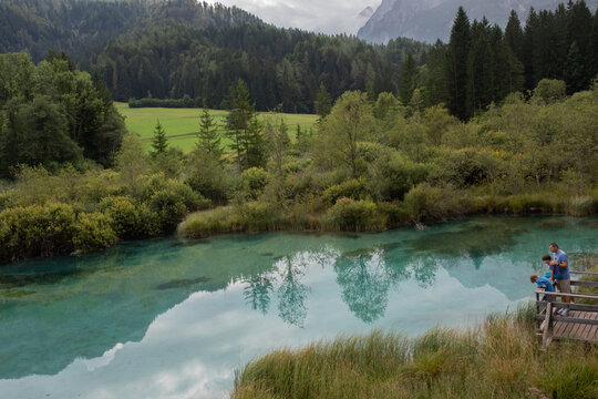 Family enjoys nature in Slovenia, Sava Dolinka spring, Kranjska Gora