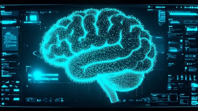Digital brain visualization on screen symbolizing global connectivity and communication