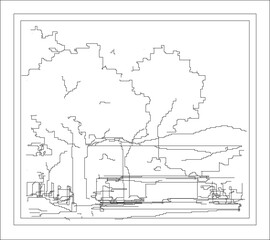 Obraz premium Technical line drawing of an abstract landscape scene featuring jagged tree outlines and horizontal structures resembling a building or dock within a frame.