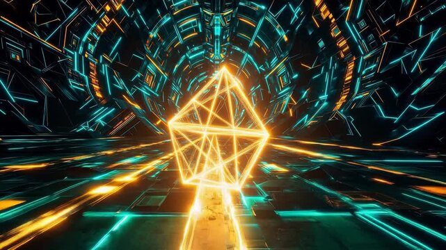 Futuristic tunnel with glowing geometric structure for culinary showcases and restaurant branding