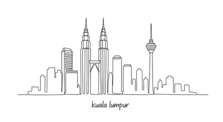Fototapeta premium Kuala Lumpur Malaysia Skyline Continuous One Line Drawing Art